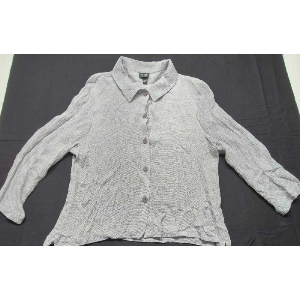 Eileen Fisher women's gray/white strip button down l/s dress shirt sz. L